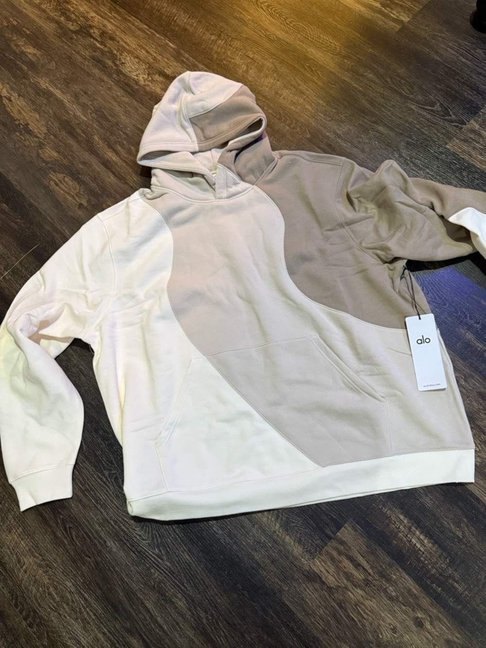 Alo Yoga Make Waves Hoodie Pullover Colorblock Ivory Taupe Gray Oversized NWT